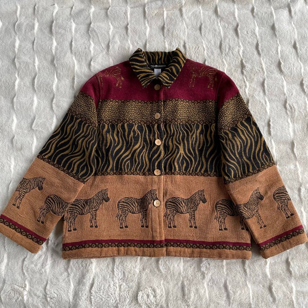 🔥Vintage 90s Sag Harbor Safari Zebra Cheetah Artsy Tapestry Button Jacket Sz 16 - Picture 1 of 12